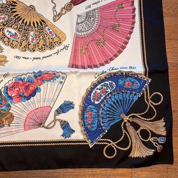 Vintage Avon Fans of the World Scarf 34" Black Gold Pink Blue Shawl Wrap 1970s - Picture 8 of 11